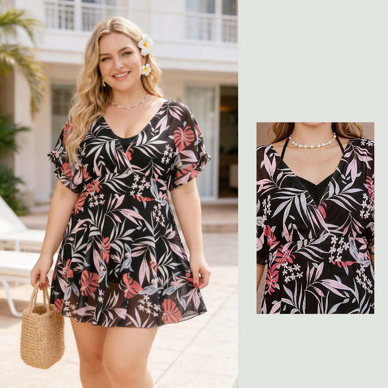 Tropical Floral V Neck Swim Dresses - image 4