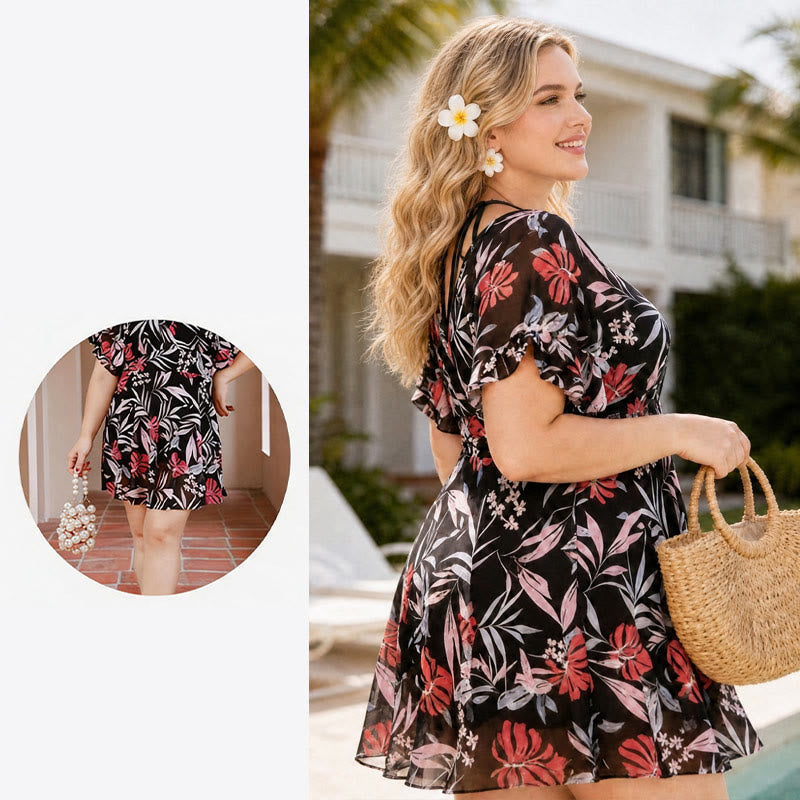 Tropical Floral V Neck Swim Dresses - image 3