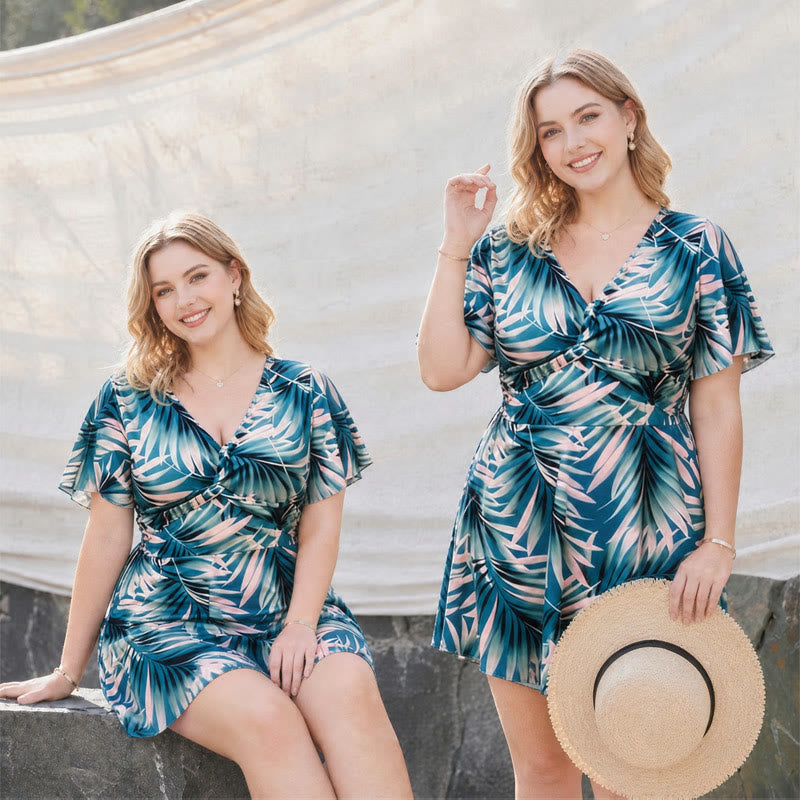 Tropical Leaf Wrap Two-Piece Swim Dress Set - image 2