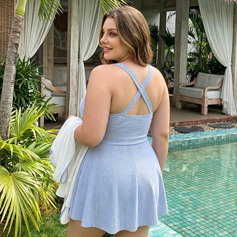 Blue Stripe Ruched V Neck Swimwear - image 3