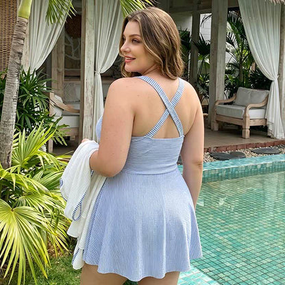 Blue Stripe Ruched V Neck Swimwear - image 3