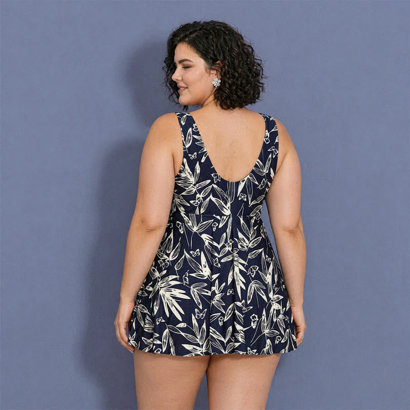 Tummy Control One Piece Print Swim Dress - Navy Blue - 5XL - image 4