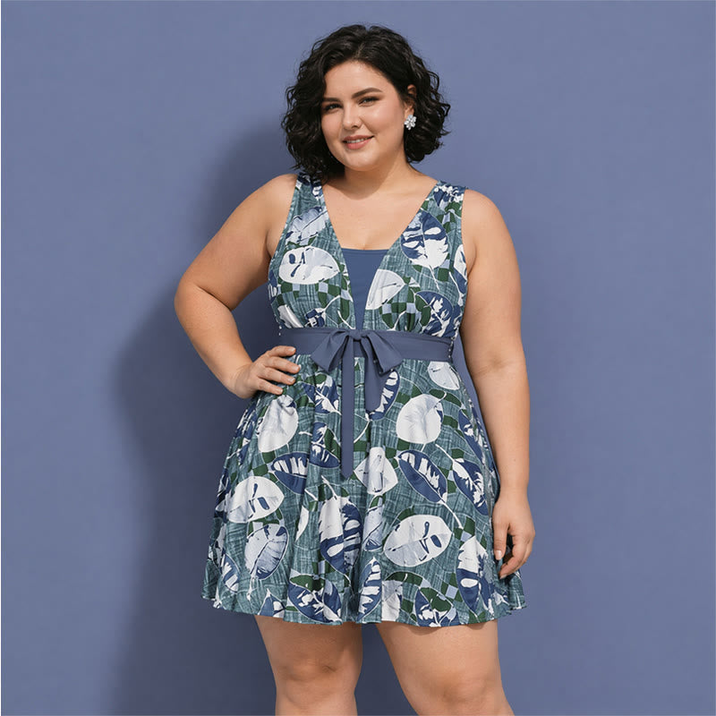 Tummy Control One Piece Print Swim Dress - Grey - 5XL - image 3
