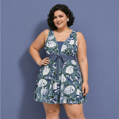 Tummy Control One Piece Print Swim Dress - Grey - 5XL - image 3