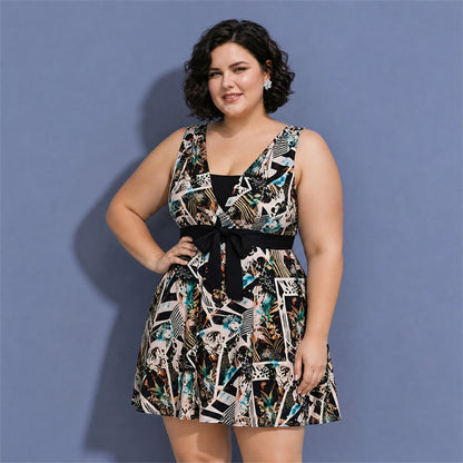Tummy Control One Piece Print Swim Dress - Brown - 5XL - image 6