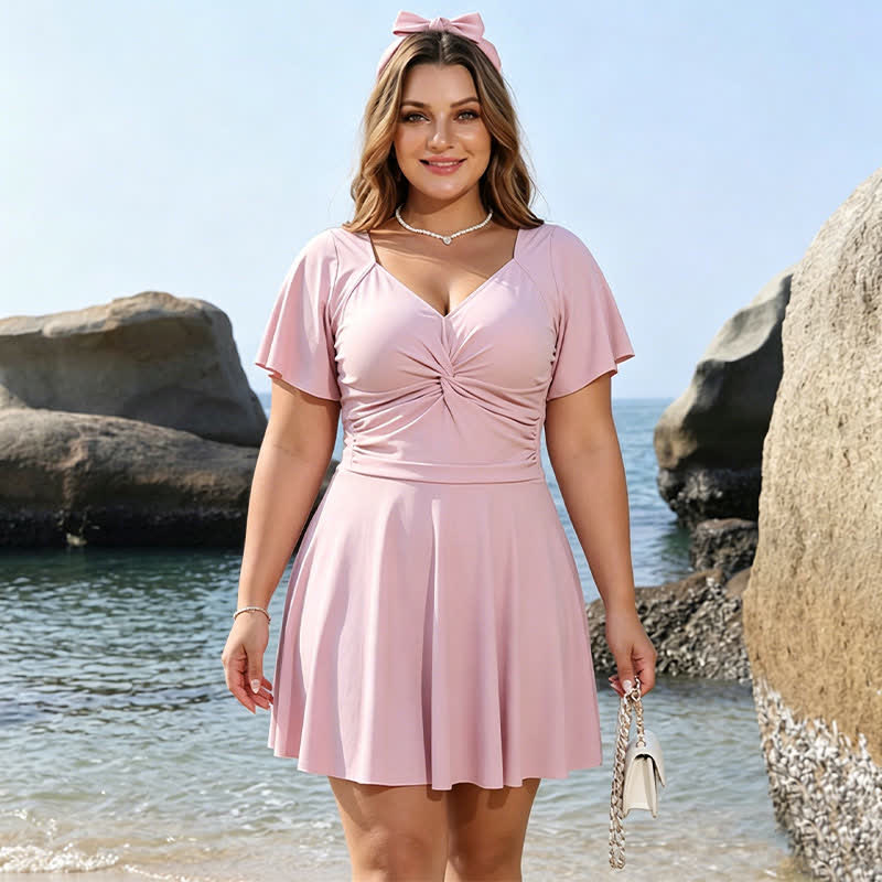 Blush Ruched V Neck Swimwear - Pink - 6XL - image 0