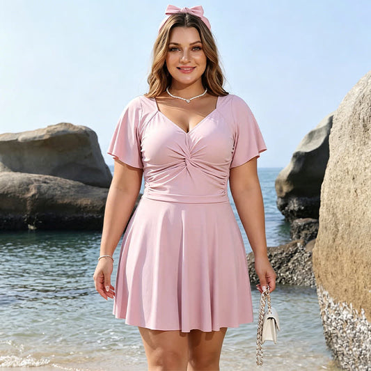 Blush Ruched V Neck Swimwear - Pink - 6XL - image 0