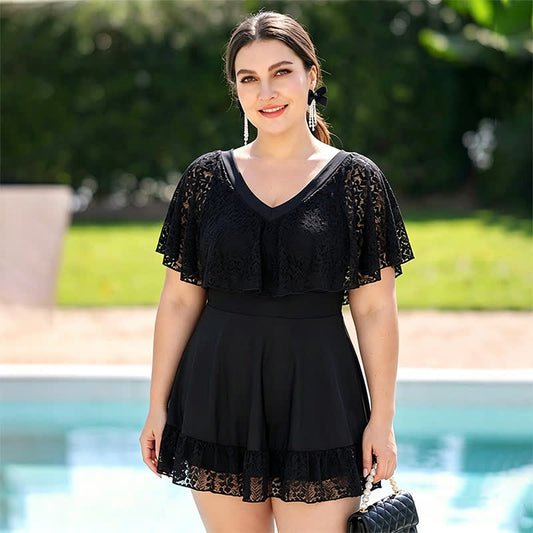 Black Lace Batwing Swimwear - Black - 5XL - image 0