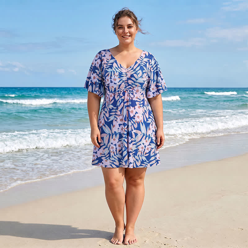 Blue Tropical Floral V Neck Swimwear - image 2