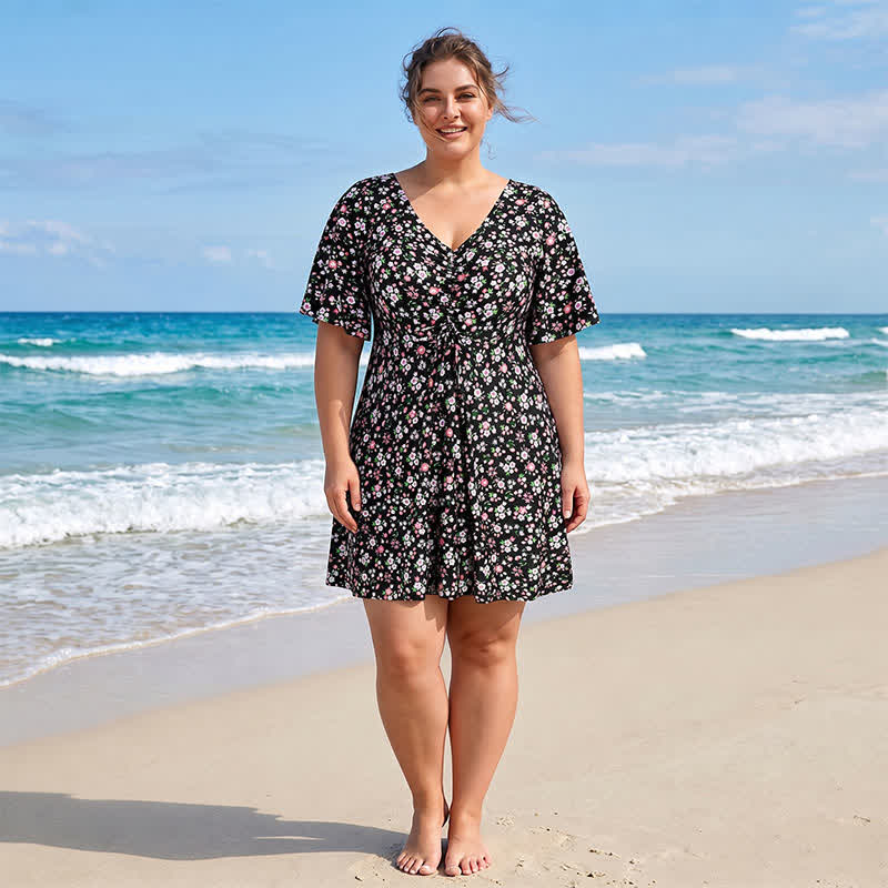 Blue Tropical Floral V Neck Swimwear - image 5