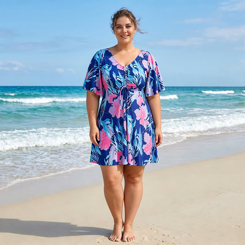 Blue Tropical Floral V Neck Swimwear - image 1