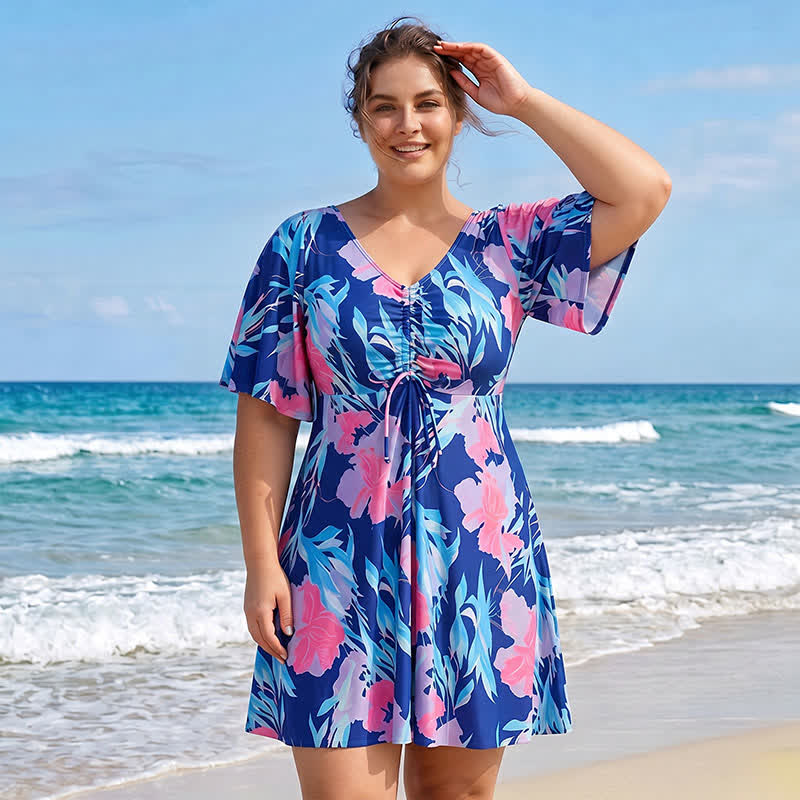 Blue Tropical Floral V Neck Swimwear - image 6