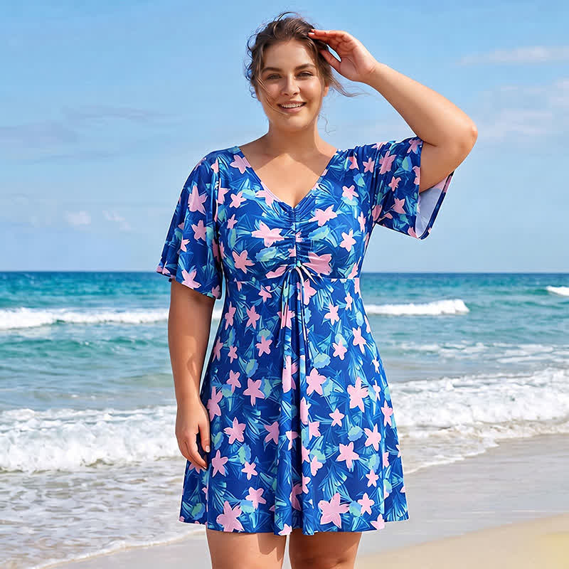 Blue Tropical Floral V Neck Swimwear - image 9