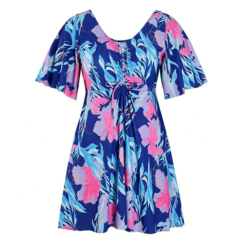 Blue Tropical Floral V Neck Swimwear - B - 7XL - image 13