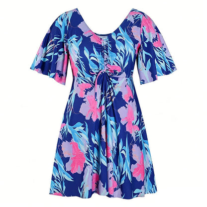 Blue Tropical Floral V Neck Swimwear - B - 7XL - image 13