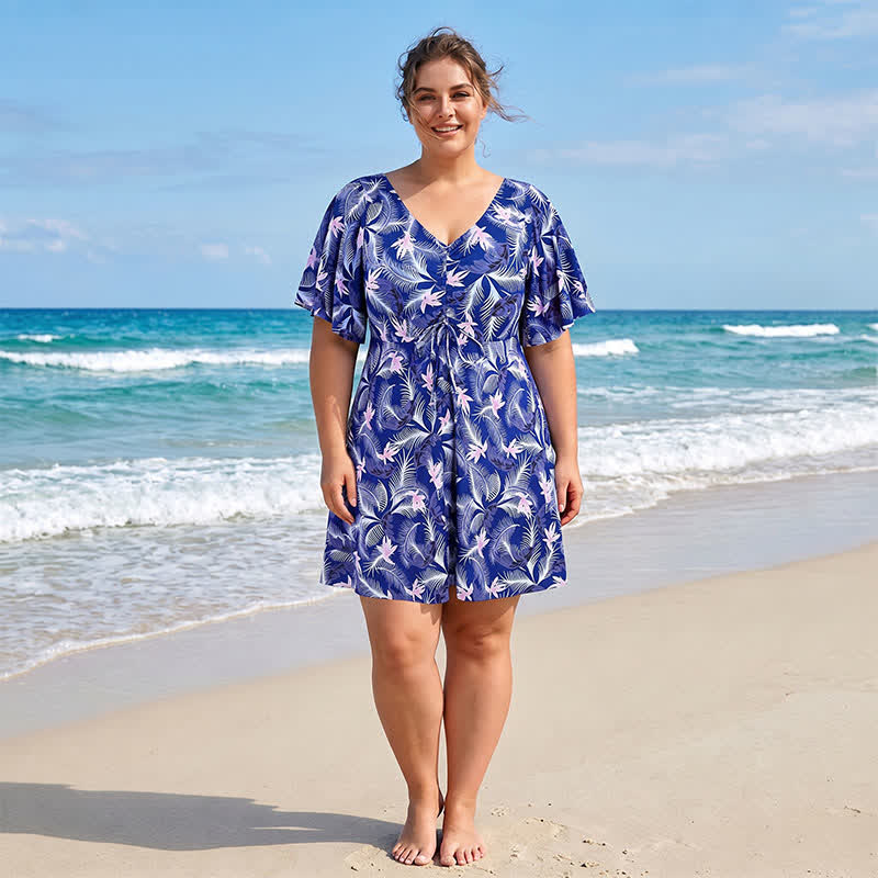 Blue Tropical Floral V Neck Swimwear - image 4