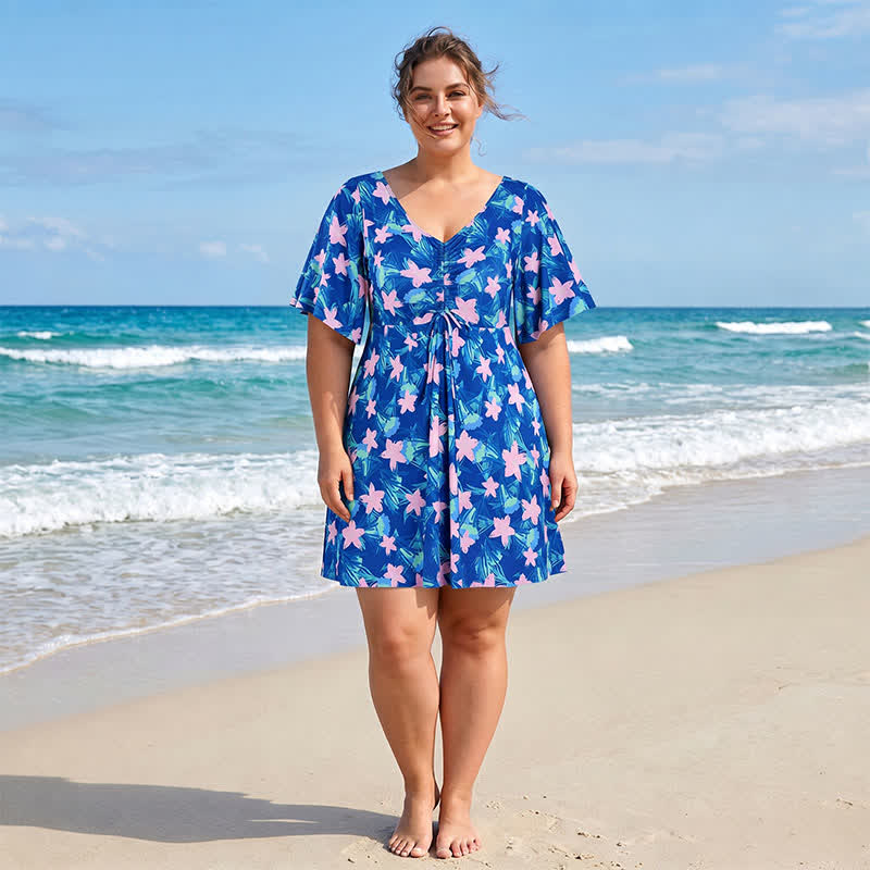 Blue Tropical Floral V Neck Swimwear - image 0