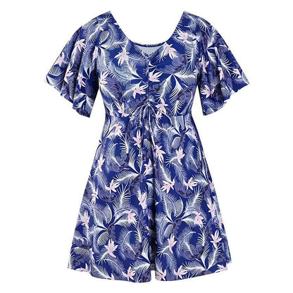 Blue Tropical Floral V Neck Swimwear - F - 7XL - image 17