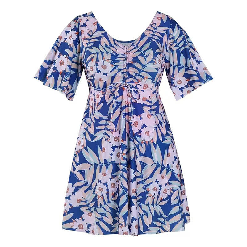 Blue Tropical Floral V Neck Swimwear - E - 7XL - image 16