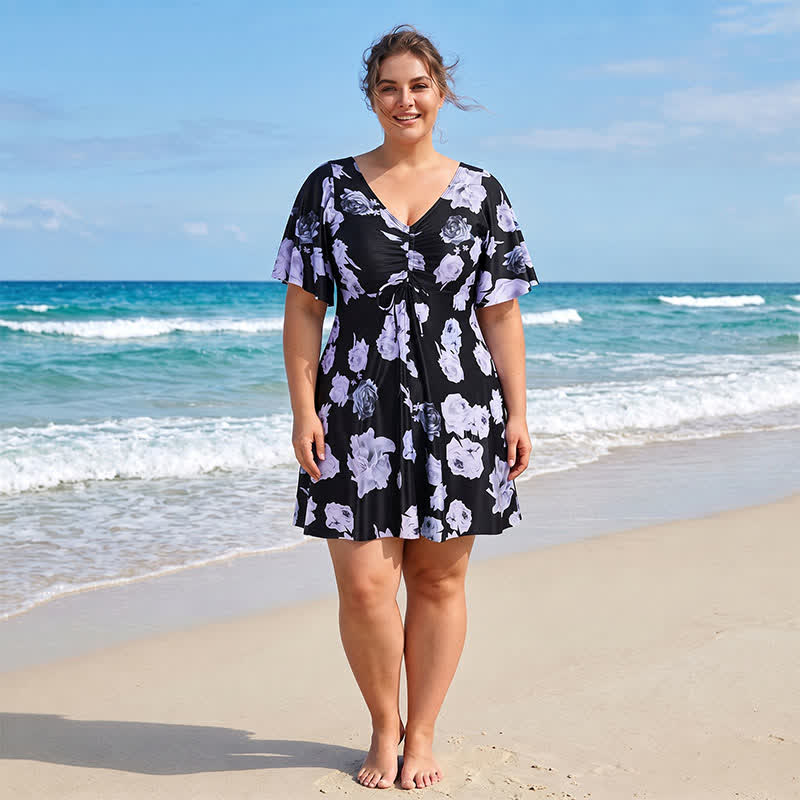 Black Floral Twist Front Swimwear - B - 7XL - image 2