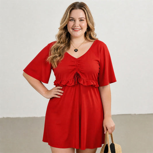 Mesh Sleeve Ruffle V Neck Swim Dress - Red - 5XL - image 0