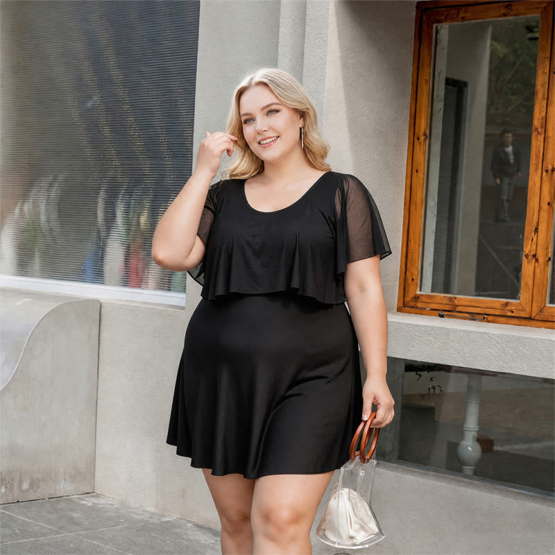 Mesh Sleeve Ruffle V Neck Swim Dress - Black - 5XL - image 2