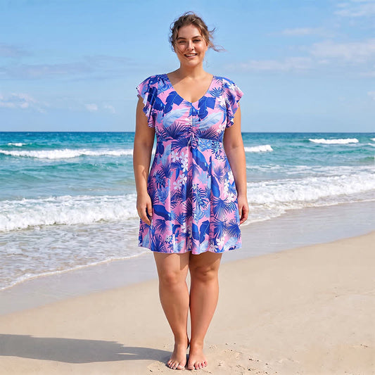 Tropical Leaf V Neck Swim Dress - image 0