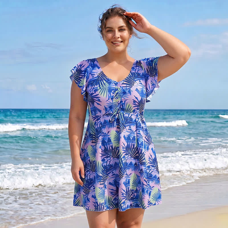 Tropical Leaf V Neck Swim Dress - image 7