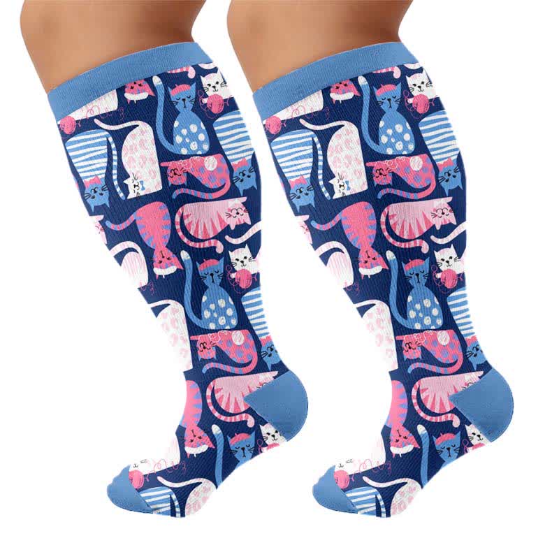 Plus Size Cute Cat Compression Socks - Dark Blue(1 Pair) - 4XL - image 9