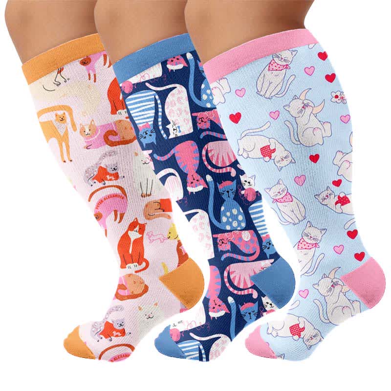 Plus Size Cute Cat Compression Socks - Multicolor(3 Pairs) - 4XL - image 4