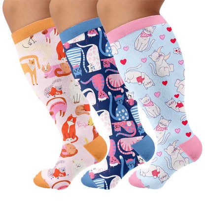 Plus Size Cute Cat Compression Socks - Multicolor(3 Pairs) - 4XL - image 4