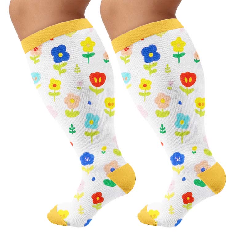 Plus Size Floral Garden Compression Socks - Yellow(1 Pair) - 4XL - image 8