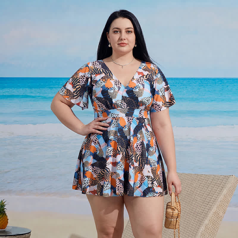 V-neck Flared Sleeve Tummy Control Swim Dress - C - 9XL - Two-Piece - image 3
