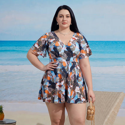 V-neck Flared Sleeve Tummy Control Swim Dress - C - 9XL - Two-Piece - image 3