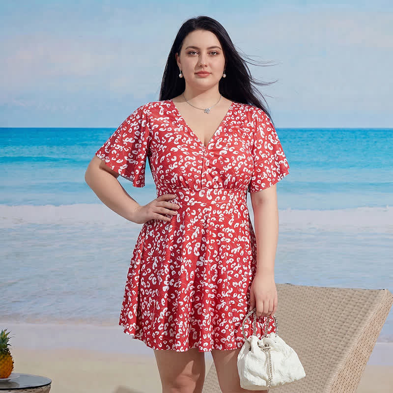 V-neck Flared Sleeve Tummy Control Swim Dress - B - 9XL - Two-Piece - image 1