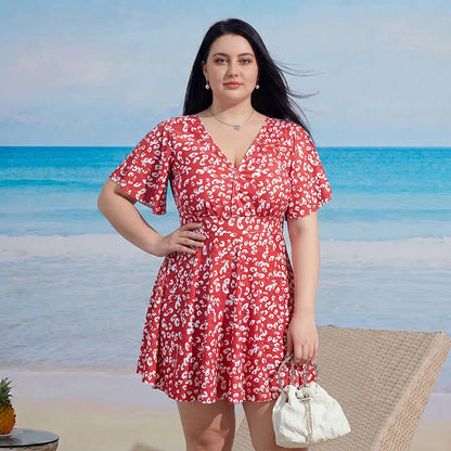 V-neck Flared Sleeve Tummy Control Swim Dress - B - 9XL - Two-Piece - image 1