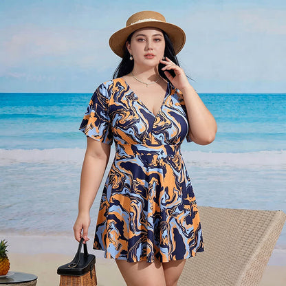 Floral V Neck Resort Swim Dress - D - 9XL - Two-Piece - image 6