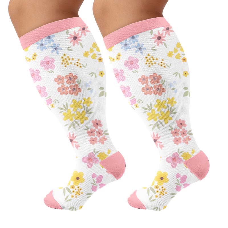 Plus Size Pastel Floral Compression Socks - Pink(1 Pair) - 4XL - image 9