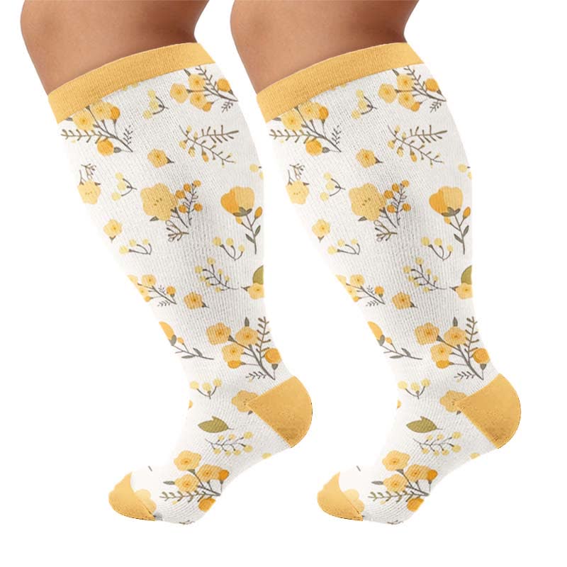 Plus Size Pastel Floral Compression Socks - Yellow(1 Pair) - 4XL - image 10