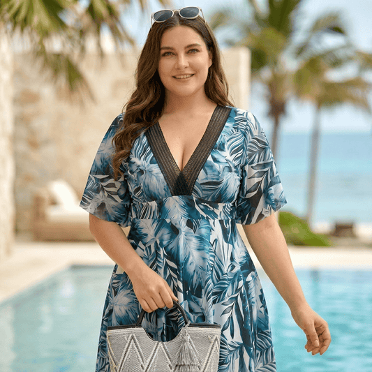 Tropical Leaf Backless Swim Dress - Blue - 3XL - image 0