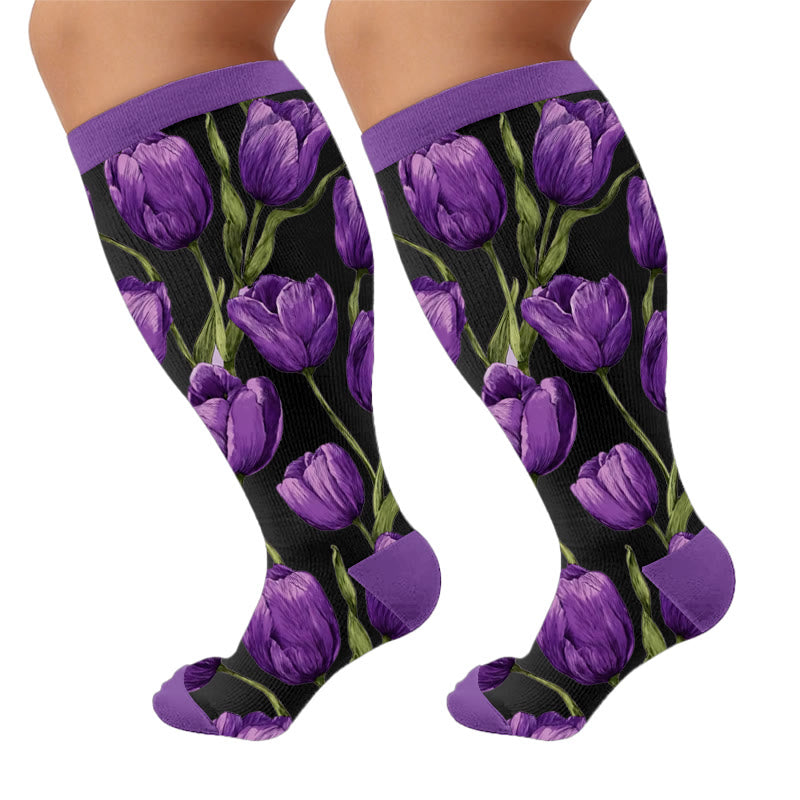 Plus Size Tulip Bloom Compression Socks - Purple(1 Pair) - 4XL - image 9