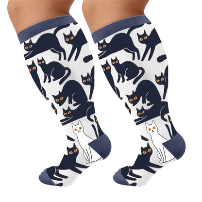 Plus Size Cartoon Black Cat Compression Socks - White(1 Pair) - 4XL - image 9