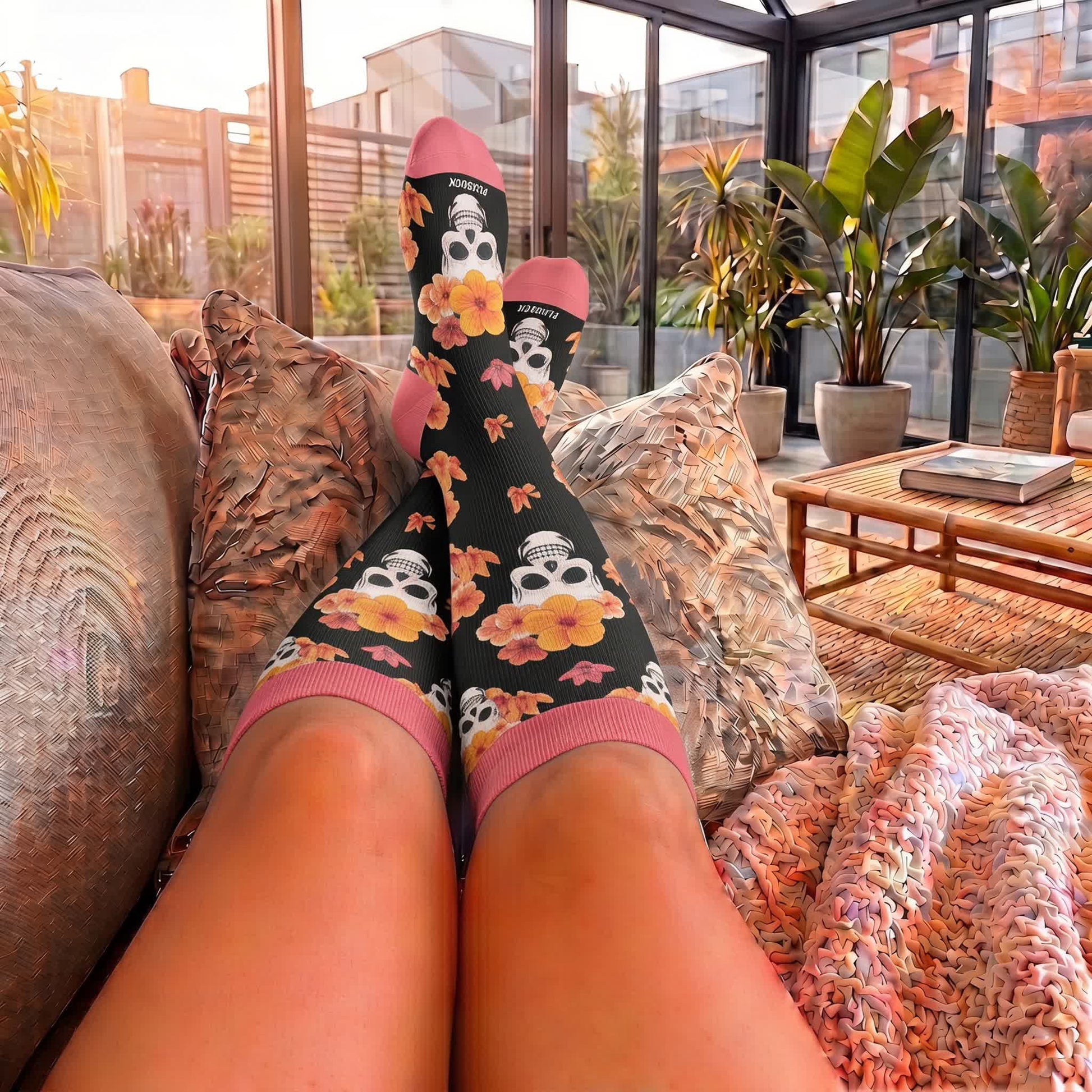 Plus Size Floral Skull Compression Socks - image 1