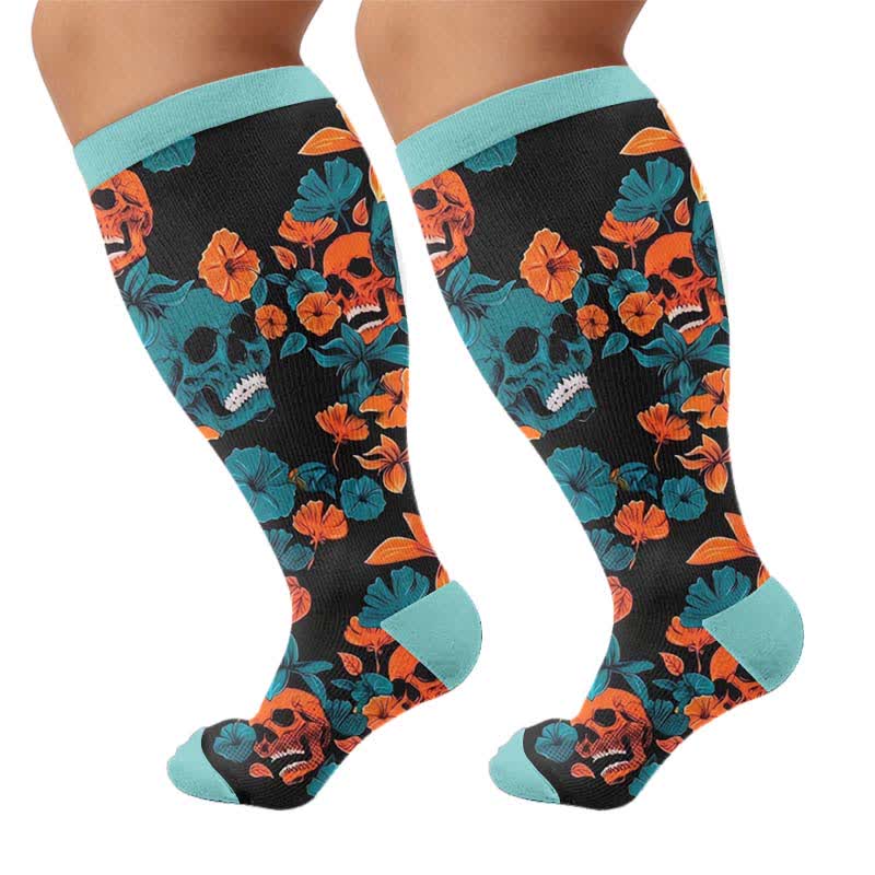 Plus Size Floral Skull Compression Socks - Blue(1 Pair) - 4XL - image 9