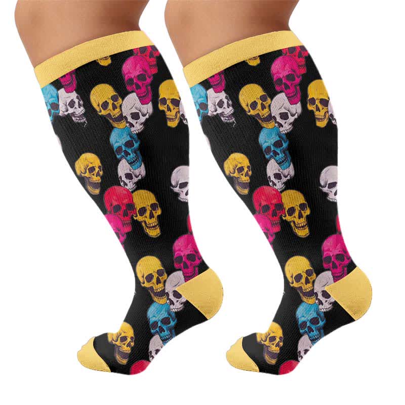 Plus Size Floral Skull Compression Socks - Yellow(1 Pair) - 4XL - image 8