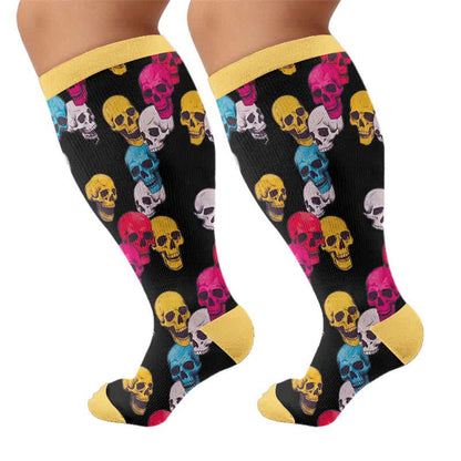 Plus Size Floral Skull Compression Socks - Yellow(1 Pair) - 4XL - image 8