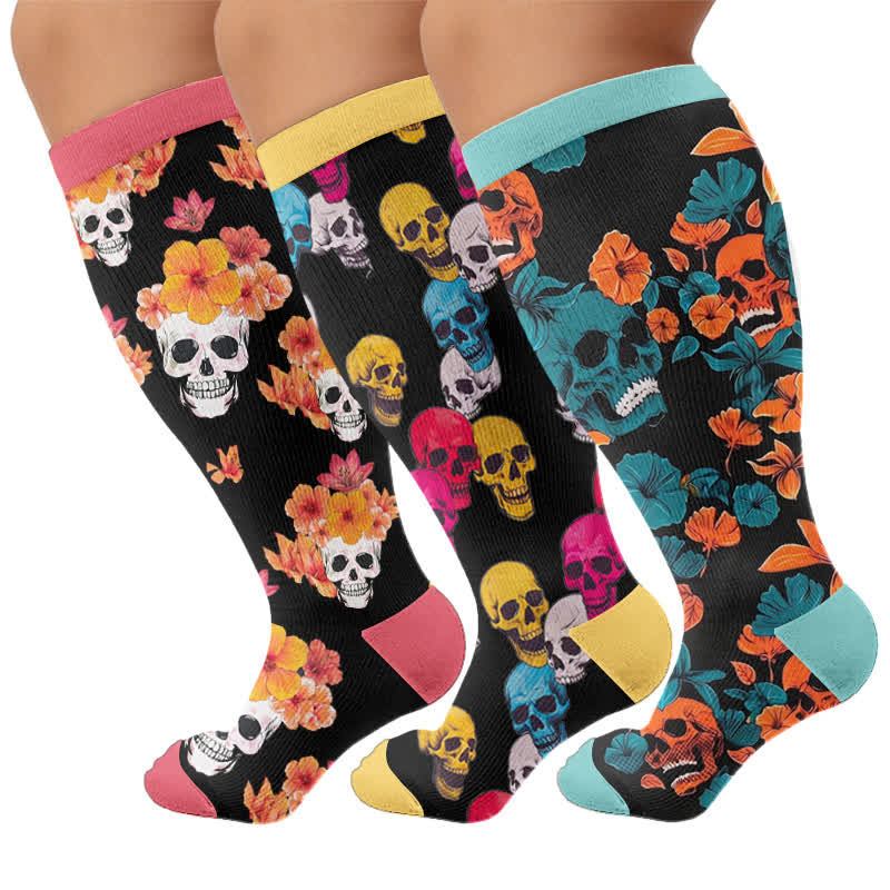 Plus Size Floral Skull Compression Socks - Multicolor(3 Pairs) - 4XL - image 4