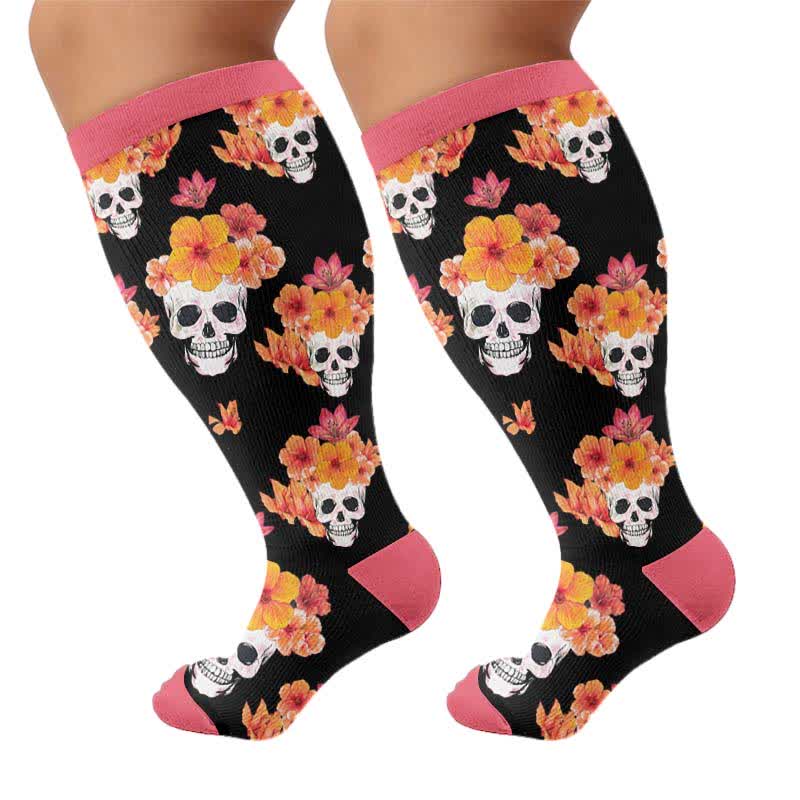 Plus Size Floral Skull Compression Socks - Pink(1 Pair) - 4XL - image 10
