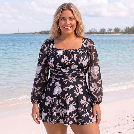 Floral Square Neck Swim Dress - Black - 7XL - image 0