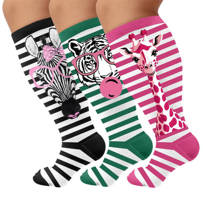 Plus Size Zebra Bow Stripe Compression Socks - Multicolor(3 Pairs) - 4XL - image 4